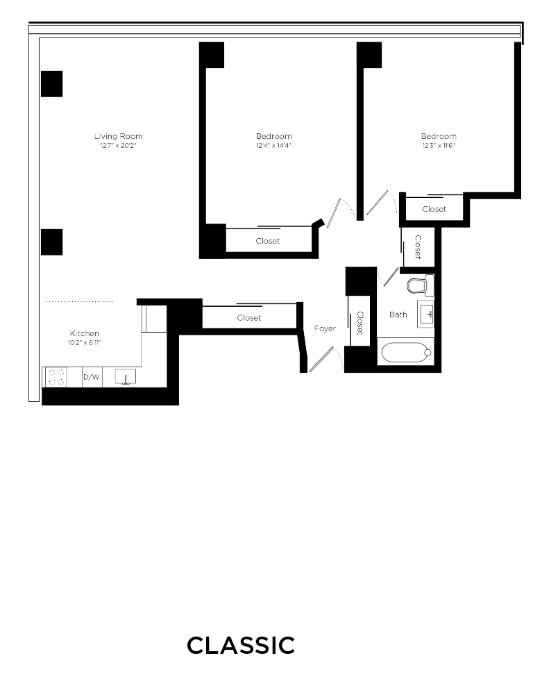 Floor plan for 2 beds, 1 bath, 890 sqft
